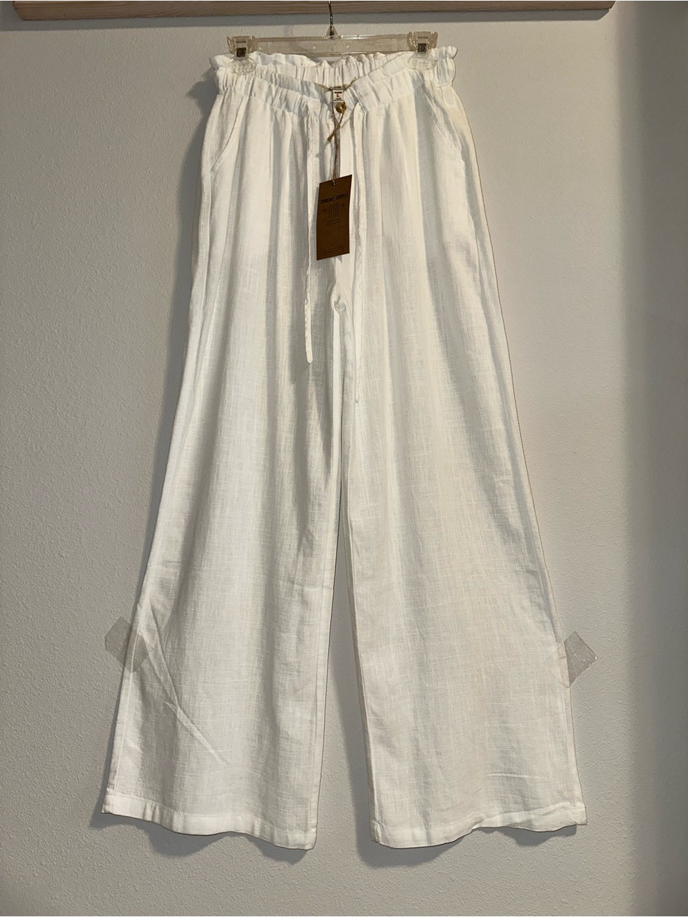 Wide Leg Linen Blend Drawstring Pants - White size M